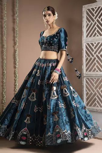 Teal Heavy Velvet Lehenga Set (Set Of 3)