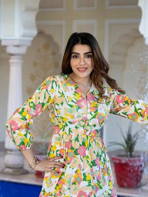 women yellow and green floral print fit and flare dress 4