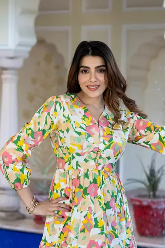 women yellow and green floral print fit and flare dress