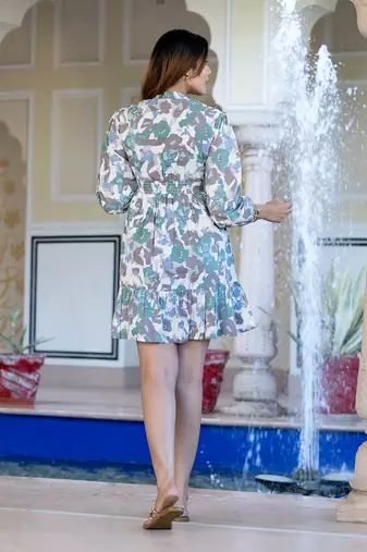 women grey and green floral printed fit and flare dress