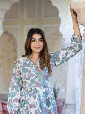 women grey and green floral printed fit and flare dress 4