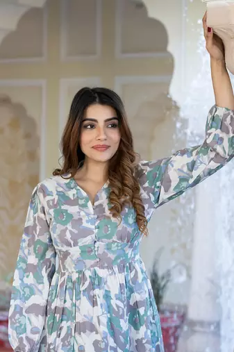 women grey and green floral printed fit and flare dress
