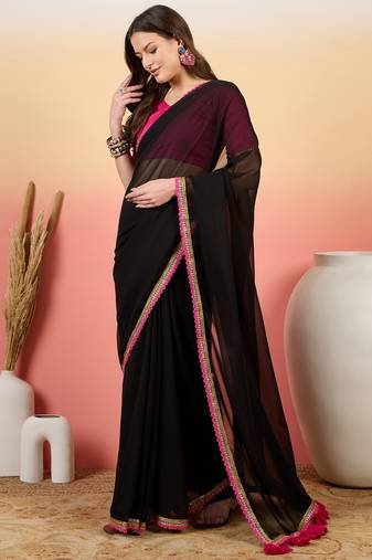 Classic Black Georgette Saree with Vibrant Pink Blouse