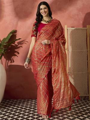 Exquisite Rust Orange Dual-Tone Organza Saree 2