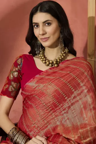 Exquisite Rust Orange Dual-Tone Organza Saree