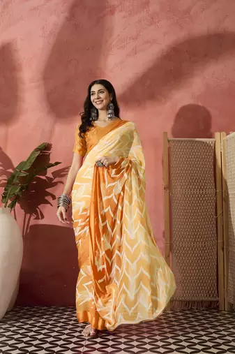 Radiant Orange Ombre Printed Satin Saree