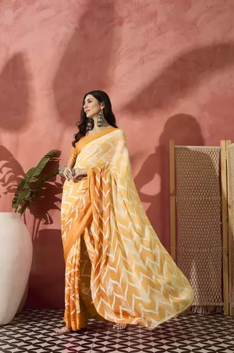 Radiant Orange Ombre Printed Satin Saree
