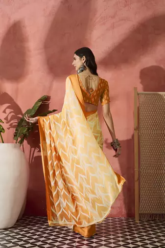 Radiant Orange Ombre Printed Satin Saree