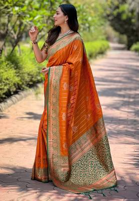 Orange soft silk contrast zari woven saree 3
