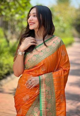 Orange soft silk contrast zari woven saree 4