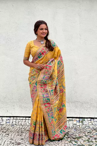 Yellow pashmina kashmiri zari woven saree
