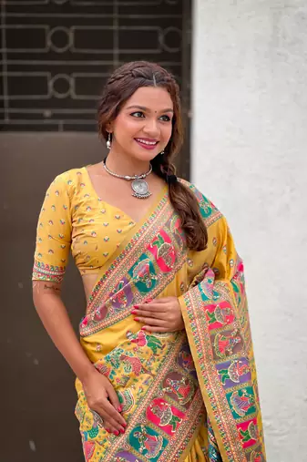 Yellow pashmina kashmiri zari woven saree