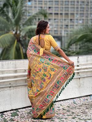 Yellow pashmina kashmiri zari woven saree 5