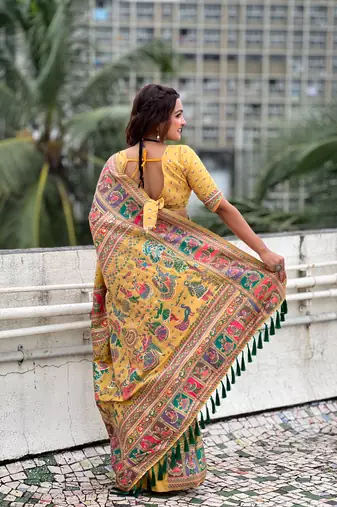Yellow pashmina kashmiri zari woven saree