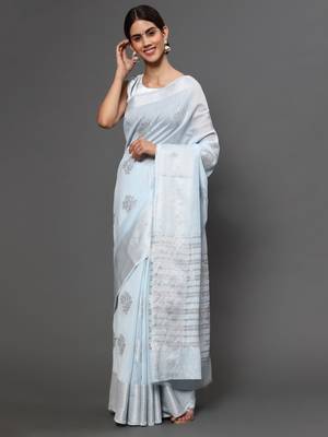 Blue tissue silk silver zari floral motifs saree with blouse piece 1