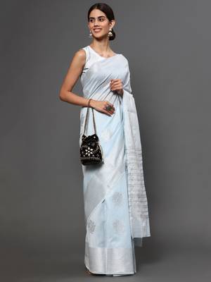 Blue tissue silk silver zari floral motifs saree with blouse piece 2