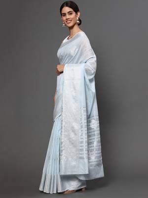 Blue tissue silk silver zari floral motifs saree with blouse piece 3