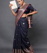 Navy blue jacquard cotton linen blend golden zari butta banarasi saree with unstitched blouse piece