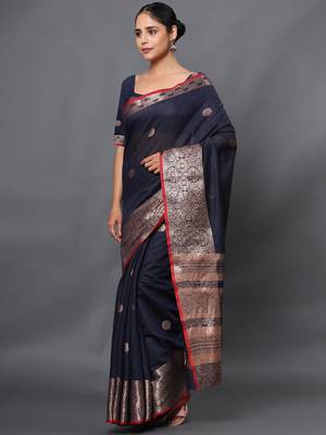 Navy blue jacquard cotton linen blend golden zari butta banarasi saree with unstitched blouse piece 2
