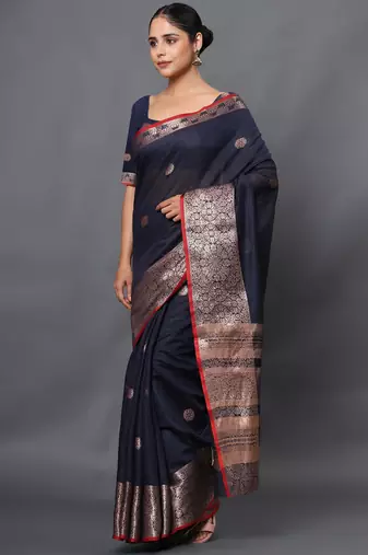Navy blue jacquard cotton linen blend golden zari butta banarasi saree with unstitched blouse piece
