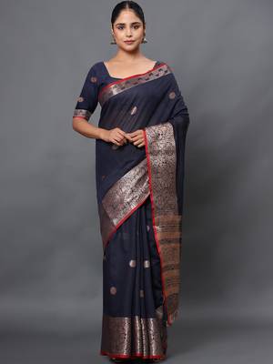 Navy blue jacquard cotton linen blend golden zari butta banarasi saree with unstitched blouse piece 3