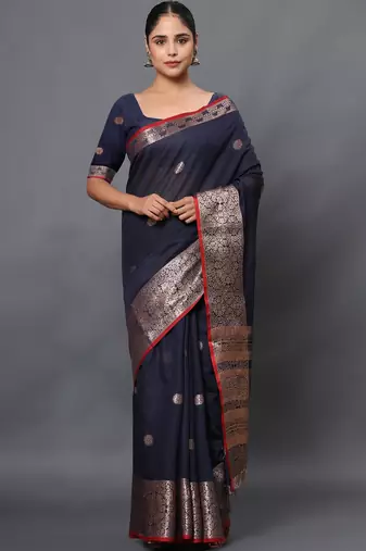 Navy blue jacquard cotton linen blend golden zari butta banarasi saree with unstitched blouse piece