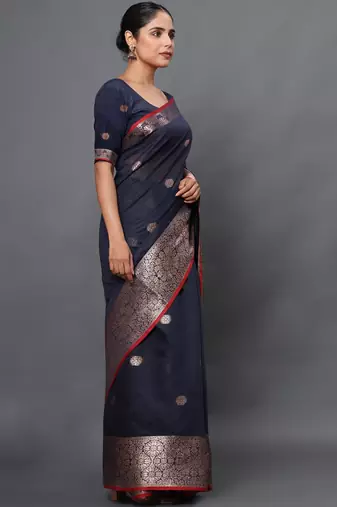 Navy blue jacquard cotton linen blend golden zari butta banarasi saree with unstitched blouse piece