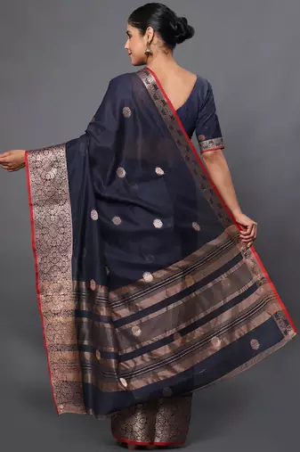 Navy blue jacquard cotton linen blend golden zari butta banarasi saree with unstitched blouse piece