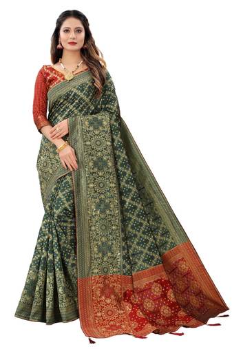 Green woven banarasi cotton silk saree with blouse