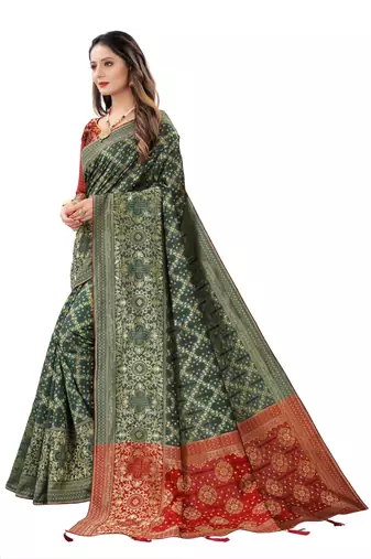 Green woven banarasi cotton silk saree with blouse