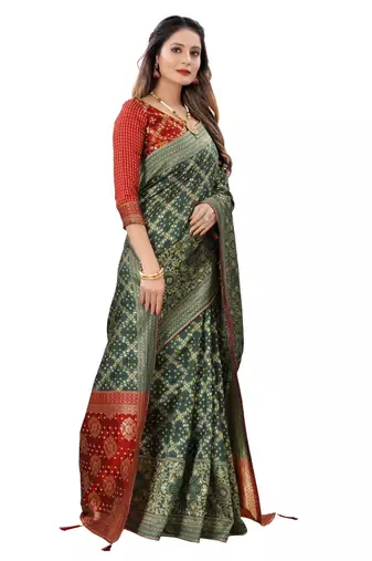 Green woven banarasi cotton silk saree with blouse
