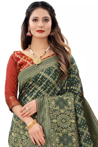 Green woven banarasi cotton silk saree with blouse