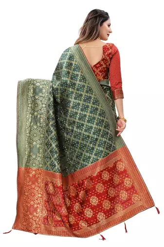 Green woven banarasi cotton silk saree with blouse