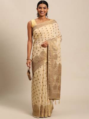 Beige woven cotton silk saree with blouse 1