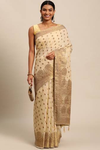 Beige woven cotton silk saree with blouse