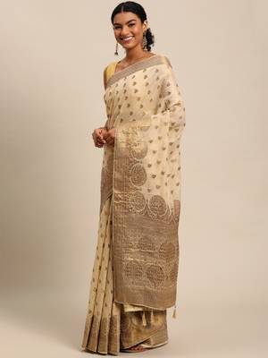 Beige woven cotton silk saree with blouse 2