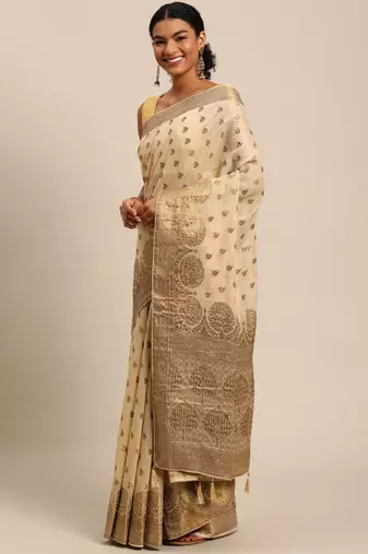 Beige woven cotton silk saree with blouse