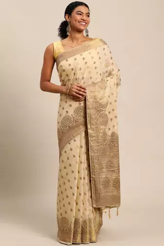 Beige woven cotton silk saree with blouse