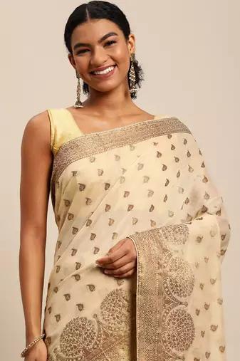 Beige woven cotton silk saree with blouse