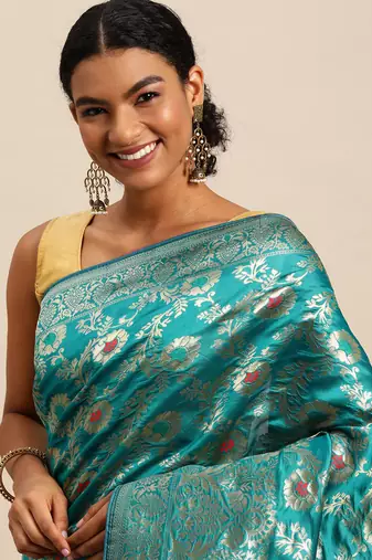 Turquoise blue & golden ethnic motifs zari silk blend banarasi saree