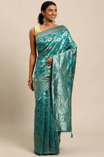 Turquoise blue & golden ethnic motifs zari silk blend banarasi saree