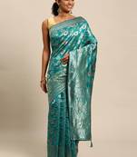 Turquoise blue & golden ethnic motifs zari silk blend banarasi saree