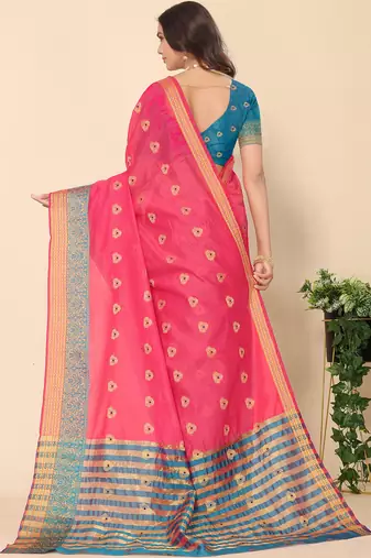 Pink jacquard cotton blend golden zari butta butti woven maheshwari saree with blouse piece