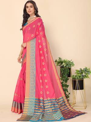 Pink jacquard cotton blend golden zari butta butti woven maheshwari saree with blouse piece 4