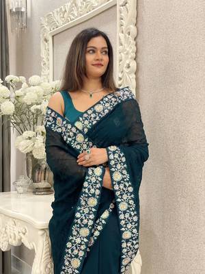 Women embroidered dark teal saree 3