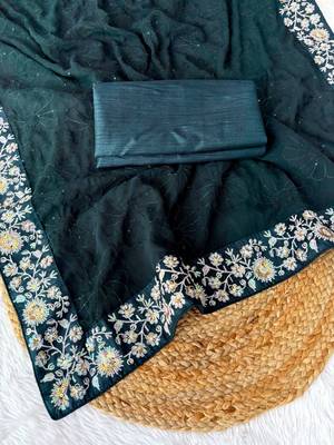 Women embroidered dark teal saree 5