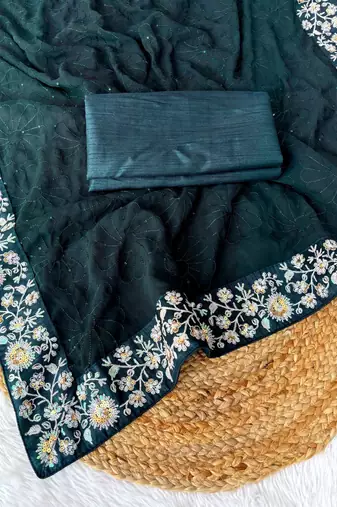 Women embroidered dark teal saree