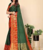 Women's bottle green woven aura faux banarasi style silk blend solid golden zari border saree with blouse