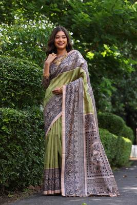 Green soft tussar silk blend printed saree festive wear 1
