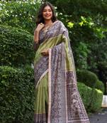 Green soft tussar silk printed saree festive wear